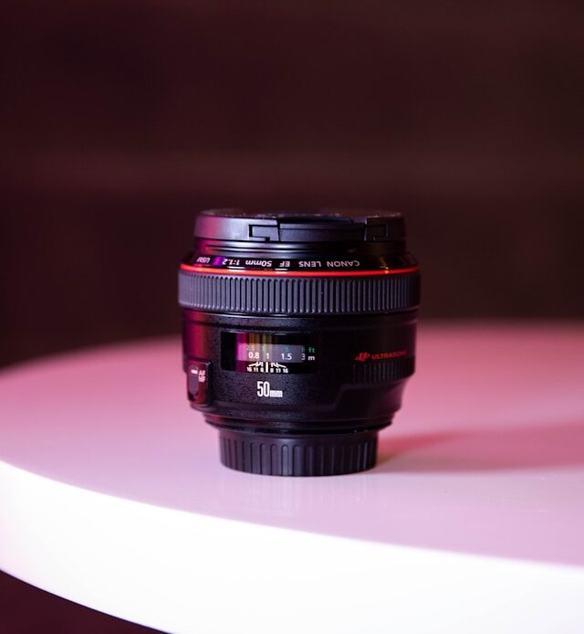 black camera lens on table